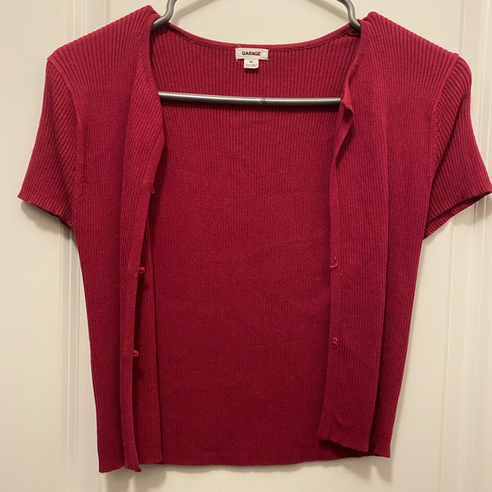 Garage Short Sleeve Red Ribbed Cropped  Cardigan